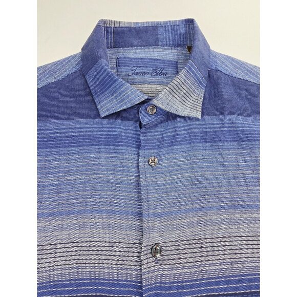 Tasso Elba Mens Size XL Blue Gray Stripe Short Sleeve Linen Blend Shirt NWT - Picture 4 of 10